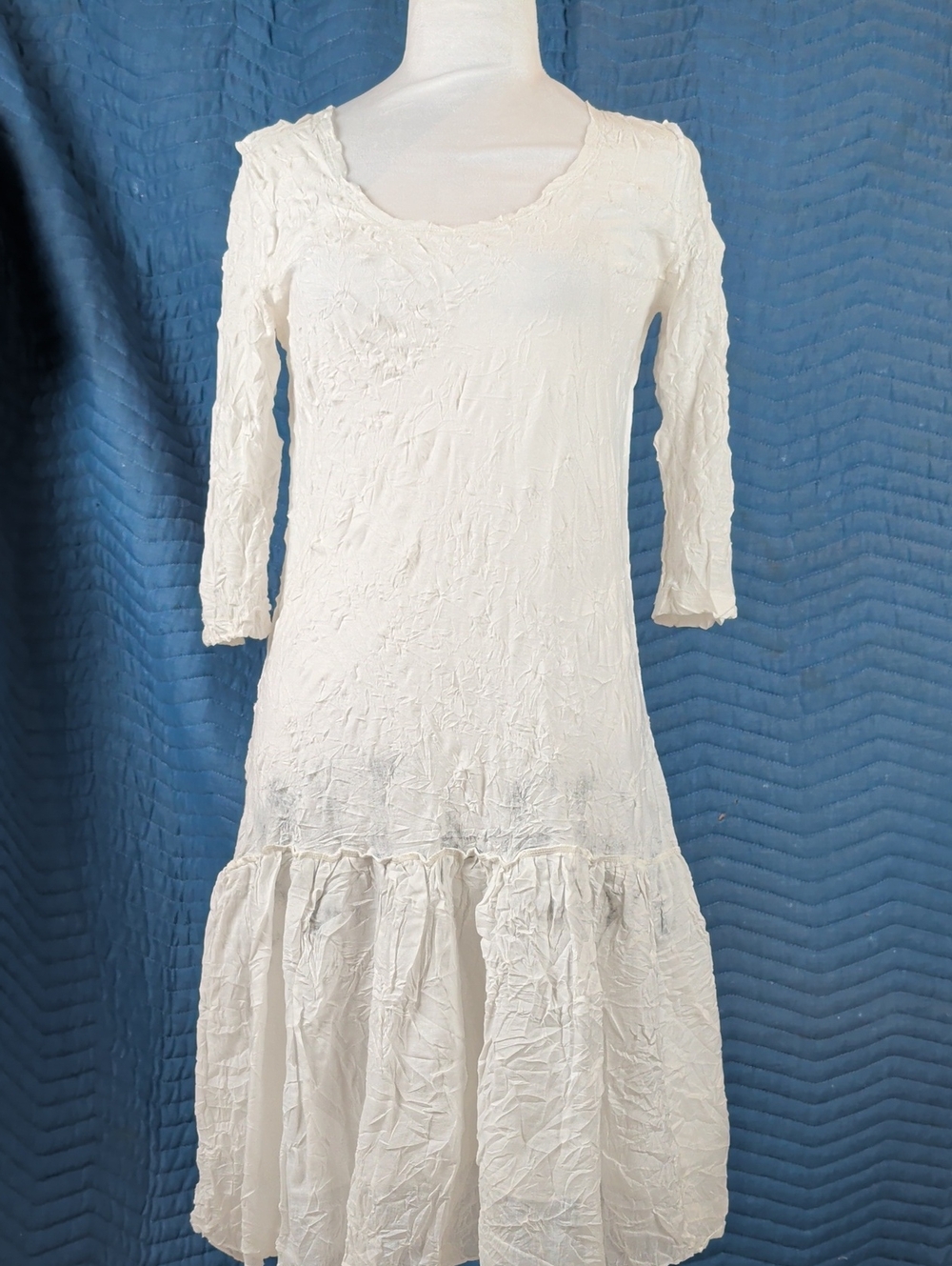 White Crinkle Boho Dress 3/4 Sleeve Angel Wings Graphic Back Size S